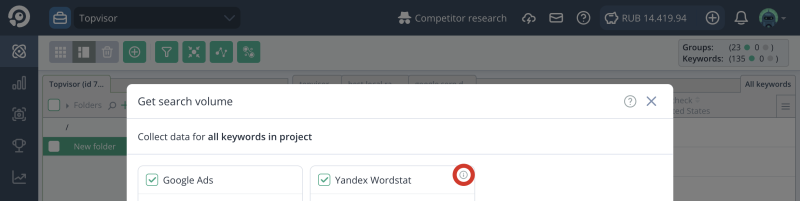 Available sources, Data update: Yandex.Direct (Yandex.Wordstat)