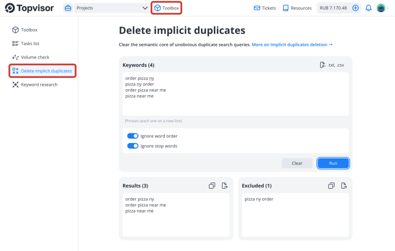 Toolbox Topvisor: Delete implicit duplicates