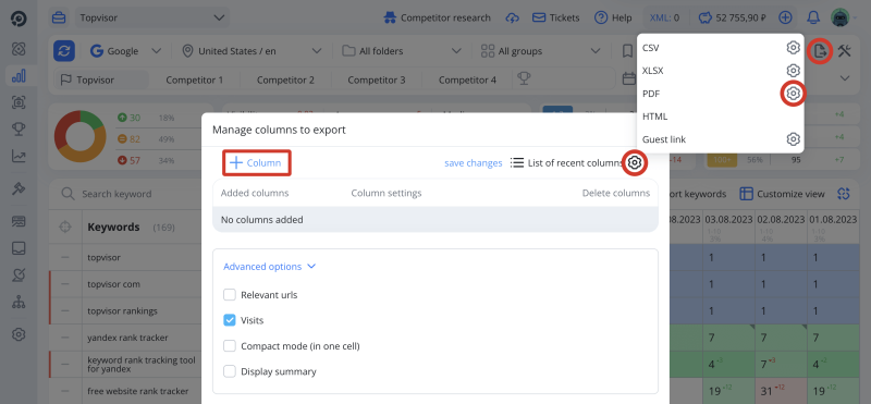 Rank Tracker, Export: how to create a template for export