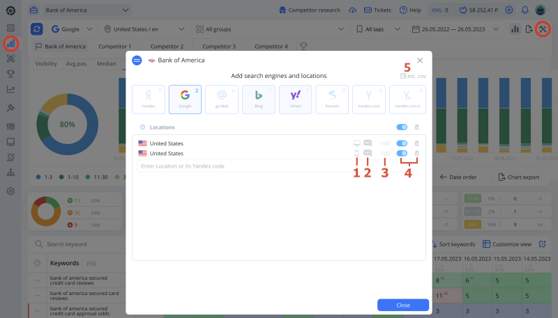 Checking rankings, settings SE and locations: UI map