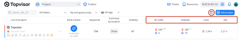 Integration with Yandex and Google search statistics services: Where the loaded data is displayed, Projects list
