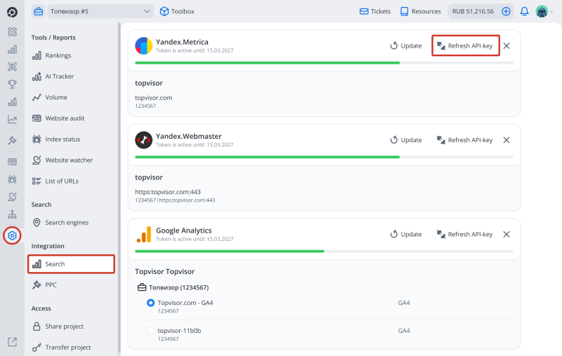 Integration with Yandex and Google search statistics services, Authorization token: How to extend token validity period
