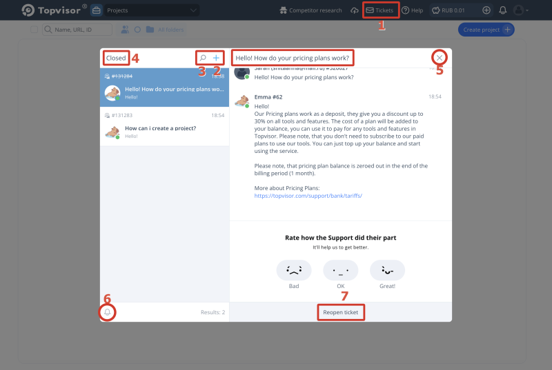 How to ask questions and contact Topvisor Support: UI Map