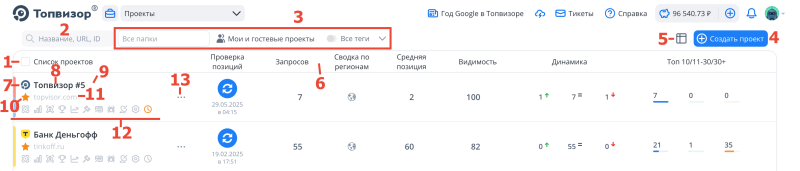 Список проектов: карта интерфейса